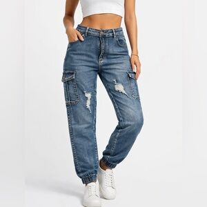 Distressed Denim Cargo Jogger Jeans XL | Stretch Ankle Joggers